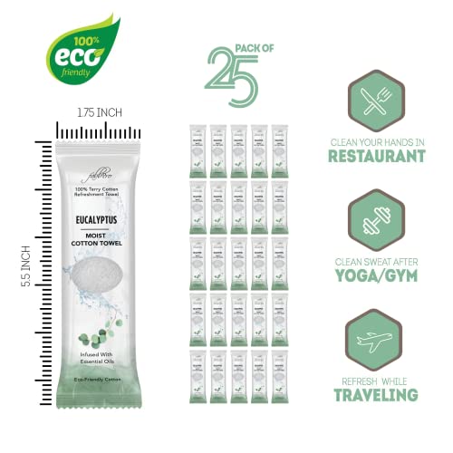 Oshibori Moist Terry Cotton Refreshment Towels (25 Pack, 8 x 8 Inches) - White Scented Pre-moistened Towel to Use Hot or Cold (Eucalyptus)