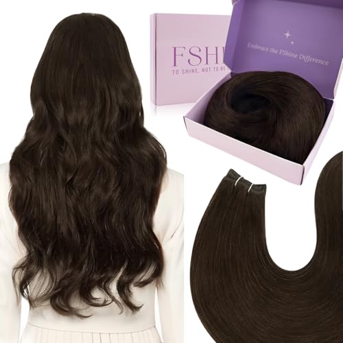Fshine Hand Tied Weft Hair Extensions Real Human Hair 24 inch Dark Brown Double Weft Full Head Sew in Extensions Weave Bundles for Women