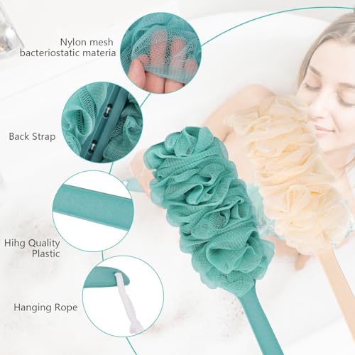 2Pack Back Scrubber for Shower Loofah with Long Handle, Shower Brush for Body, 17¡È Loofah on a Stick for Men Women Bathing Accessories, Scrubber Sponge for Exfoliating Bath Brushes (Beige & Green)