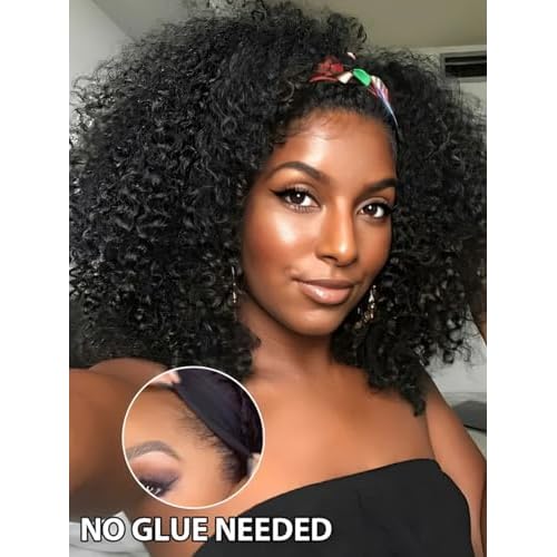V SHOW Glueless Curly Headband Wig Human Hair 180% Density Thick Throw & Go Kinky Curly Headband Wigs for Women 16 Inch None Lace Front Wigs Wear and Go Glueless Human Hair Wigs