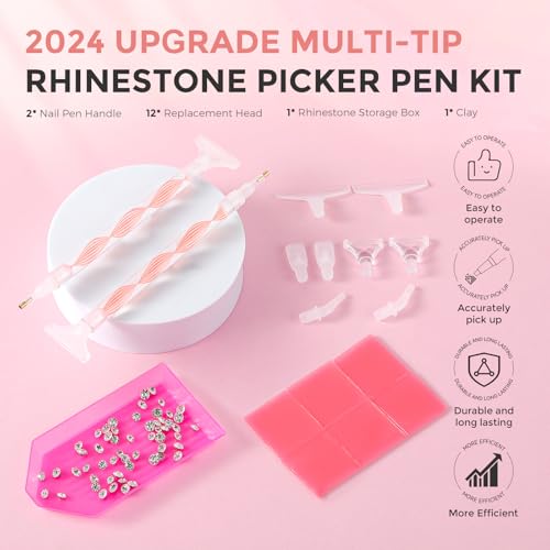 Rhinestone Picker Tool Kit: 2Pcs Rhinestone Picker Handle, Dual-Ended Rhinestones Applicator Dotting Pen with 12 Upgraded Plastic Replacement Tips, Clay, Bedazzling Tools for Nail Art Craft