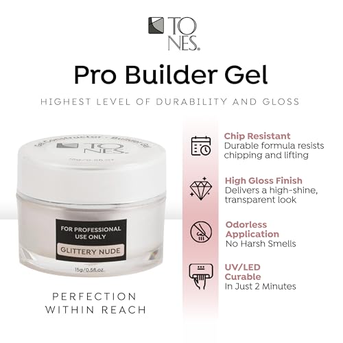 TONES Premium Self Leveling Nail Builder and Extension Gel for Professional Design - Salon-Quality LED and UV Building Gel - (0.5 Fl Oz, Glittery Nude)