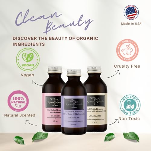 Karma Organic Nail Polish Remover Bundle - Includes Natural Lavender, Rose Oil, and Unscented Nail Polish Remover (4FL-Oz) (Multipack)