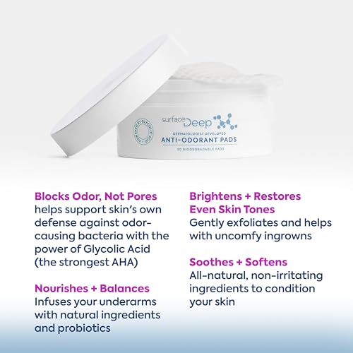 Surface Deep Anti-Odorant Pads ? Deodorant Odor Prevention & Skin Care in One | 50 Pads in Jar | Dermatologist-Developed | Glycolic Acid Exfoliation | Aluminum-Free, Vegan & Cruelty-Free