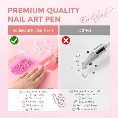 Rhinestone Picker Tool Kit: 2Pcs Rhinestone Picker Handle, Dual-Ended Rhinestones Applicator Dotting Pen with 12 Upgraded Plastic Replacement Tips, Clay, Bedazzling Tools for Nail Art Craft