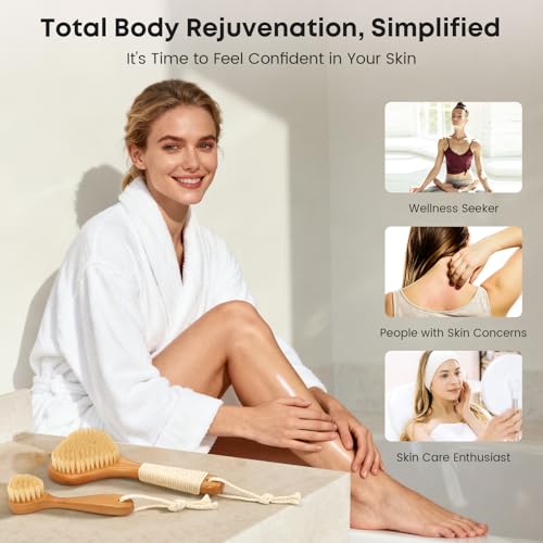 Bamboo Dry Brushing Set with Body and Face Brush, Dry Scrub Brush with Exfoliating Natural Boar Bristle for Lymphatic Drainage, Cellulite Reduction, Blood Circulation and Glowing Skin, 2 Pack