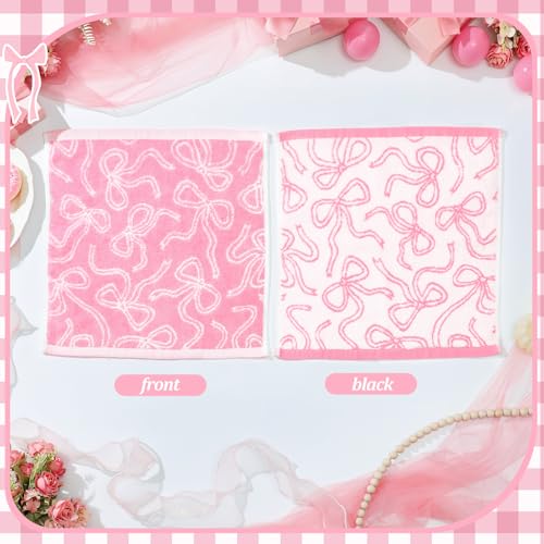 6 Pcs Pink Bow Washcloths 100% Cotton Wash Cloths 13" x 13" Coquette Small Face Towels Absorbent Soft Hand Bath Towels for Bathroom, Spa, Kitchen Drying Cleaning (Classic Style)