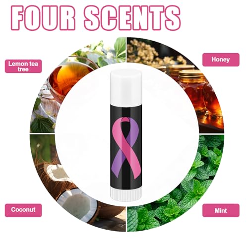 Fumete 100 Pcs Domestic Violence Awareness Items Lip Balm Bulk Pink Ribbon and Purple Ribbon Breast Cancer Awareness Moisturizer and Nourishing Lip Balm Gifts for Women Party Supplies, 4 Scents