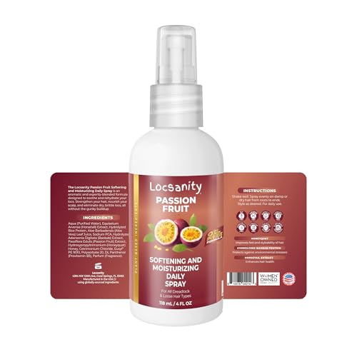 Locsanity Daily Moisturizing Spray for Dull, Dry Locs ? Trial Size Passion Fruit Hair and Scalp Moisturizer for Dreadlocks, Sisterlocks, Microlocks, Braids to Control Oil and Frizz (4 fl oz)