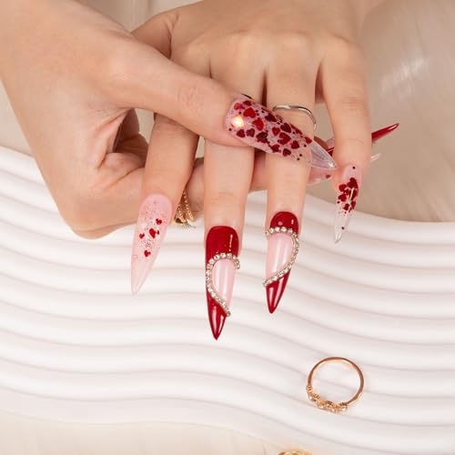 LOVFUL Press on Nails Love Day Exclusive | Handmade with Full Covered Crystals | Reusable Full Cover Nails | Stiletto Mid Length 1.7 in | H154-S