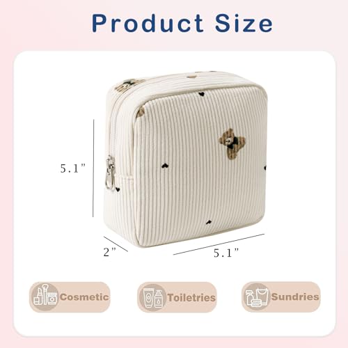 Cute Small Corduroy Zipper Makeup Bag, Mini Coquette Aesthetic Pouch with Bear Pattern for for Purse,Key Pocket Lipstick Bag Card Holder Data Cable Organizer for Women Girls (02Biege Bear)