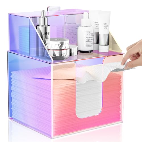 Disposable Facial Towels Storage Box Compatible with Clean Skin Club Clean Towel XL - Cotton Pads - Swabs Upgraded Double Layer Acrylic Storage Container Face Towel Holder (Glossy Rainbow)