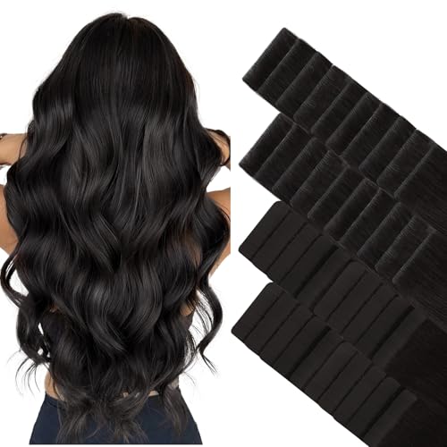 GOO GOO Invisi Edge Tape in Hair Extensions Human Hair, 1B Natural black 20pcs injected with 20pcs classical tape ins, 24inch 100g, Virgin Remy Hair, Natural Look
