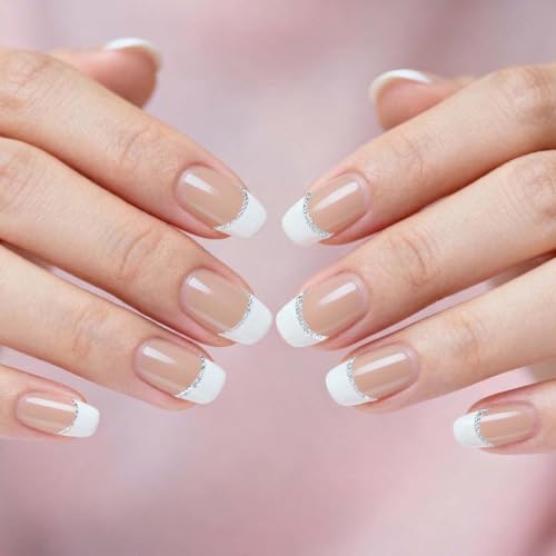Semi Cured Gel Nail Strips - White French Tip, Clear Base with Silver Glitter Line, 20 Pcs DIY Gel Nail Wraps, Beginner-Friendly, Salon-Quality, UV Light Required