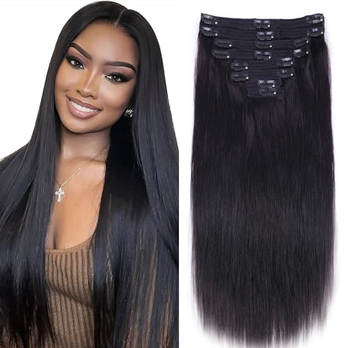 Nvnvdij Straight Clip in Hair Extensions Human Hair 8pcs Per Set with 18Clips Double Weft Clip in Human Hair Extensions Natural Black Color For Women (14 Inch, Straight Hair)