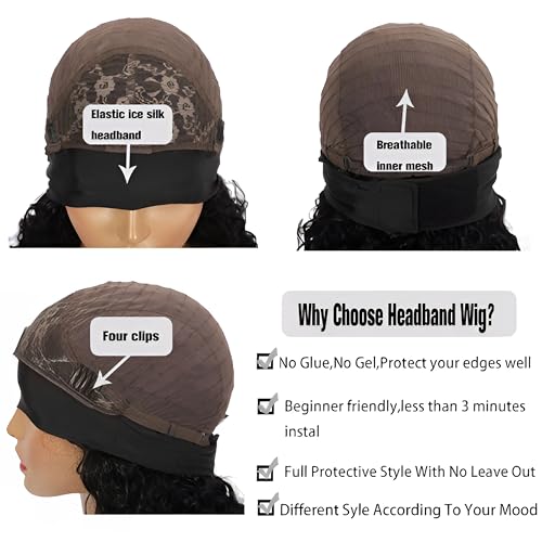 Curly Headband Wig Human Hair 26Inch Human Hair Headband Wig Glueless Wear and Go Human Hair Scarf None Lace Front Wigs 150% Density Natural Color