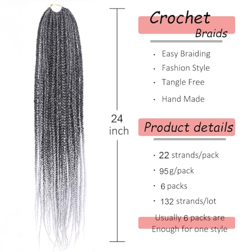 Box Braids Crochet Hair Pre looped 24 Inch Ombre Gray Crochet Box Braids for Black Women 6 Packs Goddness Knotless Crochet Braids Grey Fiber Braiding Hair Extensions(TGrey#)