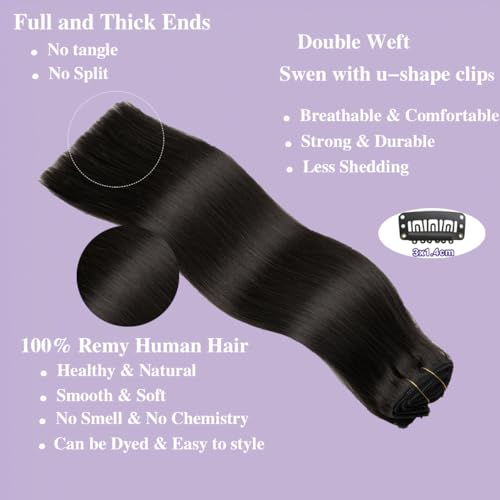 Clip in Hair Extensions Real Human Hair,24 Inch 7Pcs 120g Seamless Human hair Clip in Extensions for Women Invisible Straight 1B Natural Black Hair Extensions Clip ins Double Weft