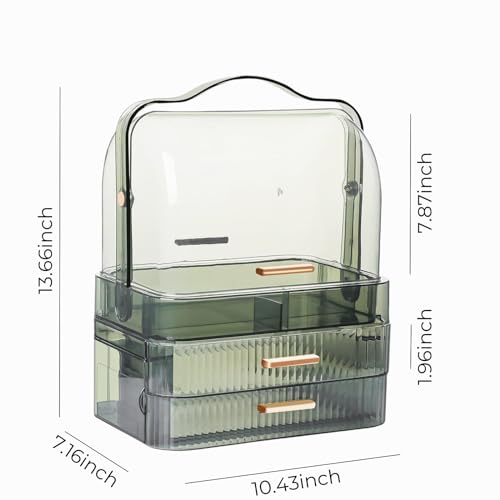 Makeup Organizer, Waterproof & Dustproof Cosmetic Display Cases with 2-Layer and Transparent Cover, Skincare Display Boxes,Makeup Caddy Holder for Vanity Countertop, Bathroom, Dresser, Bedroom, Green