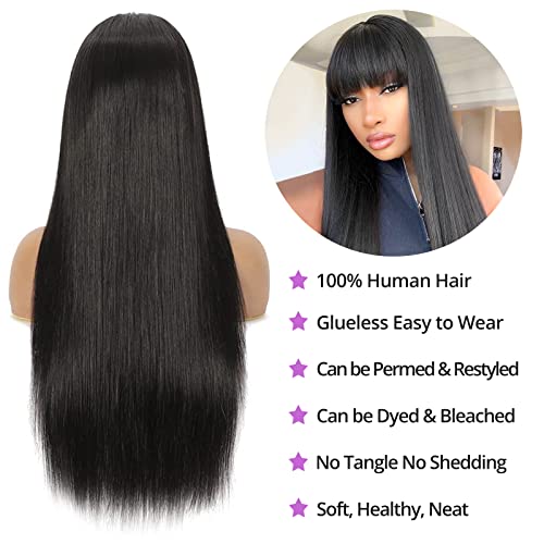 Human Hair Wigs with Bangs Straight Bang Wigs for Black Women Human Hair 150% Density Brazilian Glueless None Lace Front Wig Human Hair Natural Color(26 Inch, Straight)