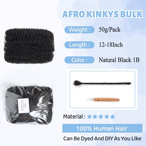 Afro Kinkys Bulk 100% Human Hair For Dreadlock Extensions Afro Kinky Curly Human Braiding Hair For Repair Crochet Dreads Loc Twist Braids (#1B, 14Inch-50Gram)