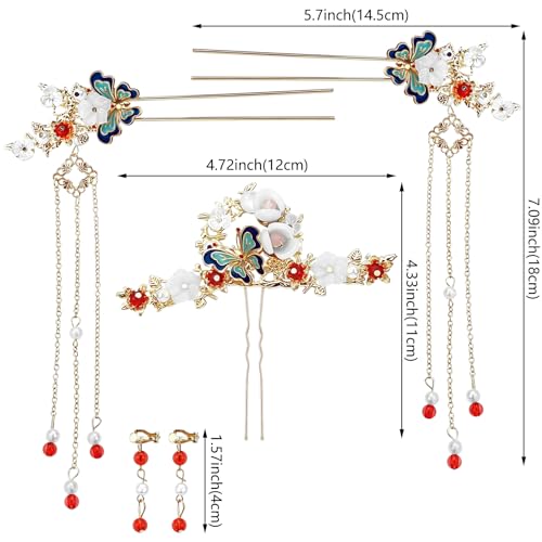 5 Pcs Butterfly Chinese Tassel Hair Stick Peony Flower Crystal Pearl Hanfu Hair Pins Classical Floral Wedding Headpiece Brides Hair Jewelry Accessories for Updo Long Hair Women Girls