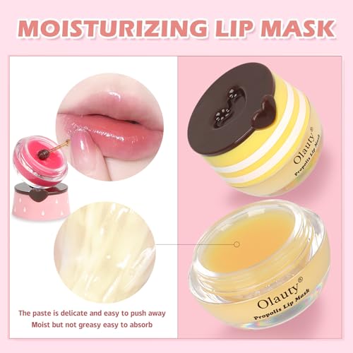 3 PCS Bee Lip Mask Honey Pot Lip Balm,Strawberry Watermelon Lip Mask Overnight Hydrating Dry and Crack Lip Scrubs Exfoliator Propolis Lip Sleeping Mask (Strawberry & Watermelon & Honey)