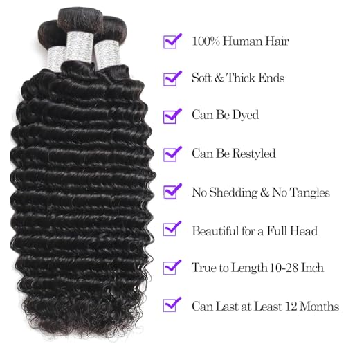 Deep Wave Human Hair Bundles 22 24 26 Inch Deep Wave Bundles 100% Unprocessed Brazilian Virgin Hair 3 Bundles 12A Curly Bundles Hair Extensions Real Human Hair Quick Weave Bundles Natural Color