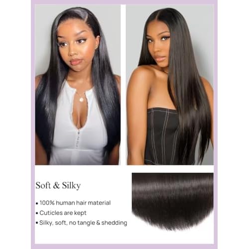 YIROO Yaki Straight Human Hair Weave 3 Bundles 12A Kinky Straight Double Wefts for Women Unprocessed Real Virgin Hair Sew In Human Hair Extensions Cllip In Light Yaki Natural Black Color 16 18 20Inch