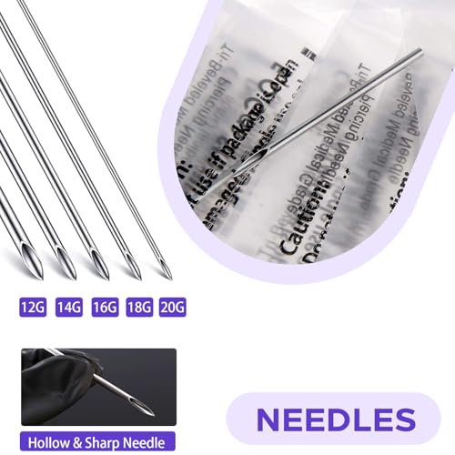 Piercing Kit 44pcs - Usiriy Piercing Needle Kit with 20G 18G 16G 14G 12G Piercing Body Piercing Tool Kit Needles Clamps Kit for Ear Nose Belly Button Tongue Eyebrow Piercing Supplies