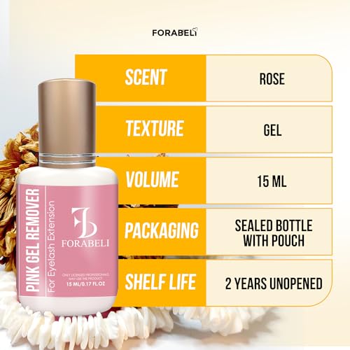 Forabeli Pink Gel Lash Remover for Eyelash Extensions, 15ml, Safe and Gentle Formula, Easy to Apply, Versatile and Efficient