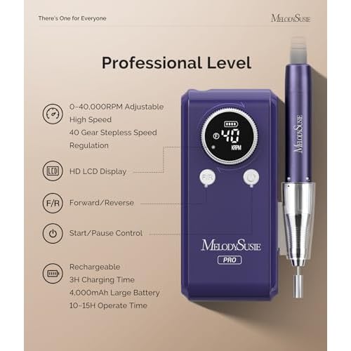 MelodySusie Professional Clip-On Cordless 2-in-1 Nail Drill with Adjustable Built-In Stand and Premium Motor, MB420G 40000RPM E-File with Max Speed for All Manicure Shaping & Gel Removal for Salon Use