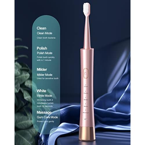 Sonic Electric Toothbrush for Adults, USB Rechargeable Sonic Toothbrush with 8 Brush Heads, Smart Timer, 5 Modes, 2-Hour Fast Charge Last 30 Days, Pink