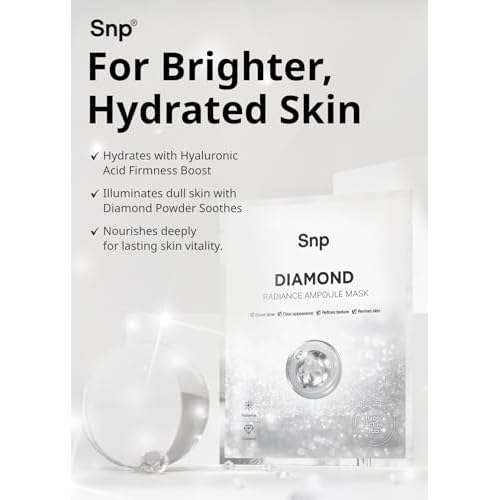 SNP 100% Diamond + 1000mg Hyaluronic Acid Sheet Mask | Tightening, Hydrating, and Nourishing with Real Diamonds for All Oily Skin Types | Korean Face Mask Skincare | Facial Moisturizing | 10 Sheets