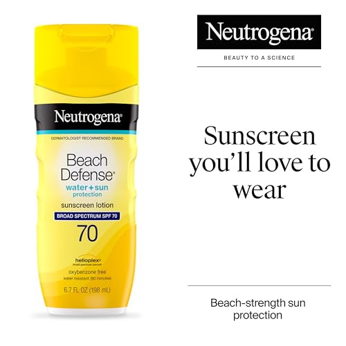 Neutrogena Sunscreen Lotion Beach Defense SPF 70, Face & Body Sunscreen, Broad Spectrum, Fast Absorbing, 6.7 Fl Oz, Water Resistant 80 Min, Oil-Free, Oxybenzone & Octinoxate Free