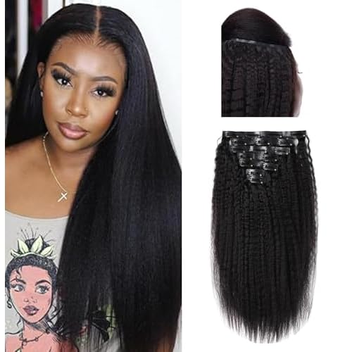 Essent Seamless Kinky Straight Clip in Hair Extensions Real Human Hair 22 Inch 7Pcs 130g Kinky Clip Ins Full Head Brazilian Remy Hair Extensions for Women Natural Black Double Weft Clip In