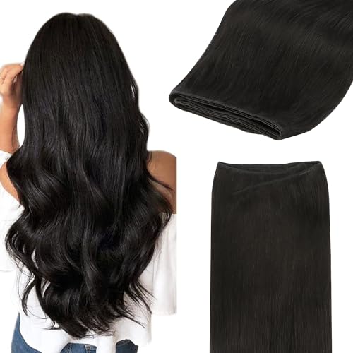 GOO GOO Sew in Hair Extensions Real Human Hair, Weft Hair Extensions Human Hair, 1B Natural black 22inch 110g, Weft Bundles Straight Silky Remy Hair