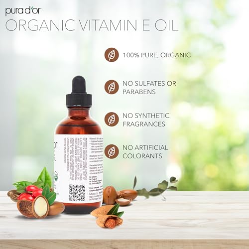 PURA D'OR 4 Oz Organic Vitamin E Oil ? USDA Certified Face, Body, Hair & Bath Oil with Argan, Jojoba, Rosehip, Apricot, Almond & Avocado ? Lightweight Moisturizing Blend for Soft, Smooth Skin