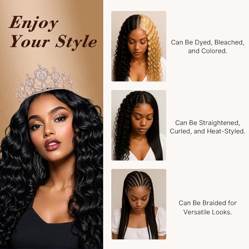 Wequeen 16A Deep Wave Human Hair Bundles 18 20 22 Inch 100% Unprocessed Brazilian Virgin Hair Quick Weave Bundles Human Hair Extensions Real Human Hair, Natural Black