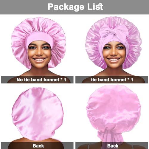 2Pcs Satin Silk Hair Bonnet for Sleeping Women,Large Bonnets with Elastic Wide Tie Band Silk Sleep Cap,Hair Wrap Night Cap with Adjustable Straps for Black Women Curly Hairs Jumbo Bonnet Braid - Pink