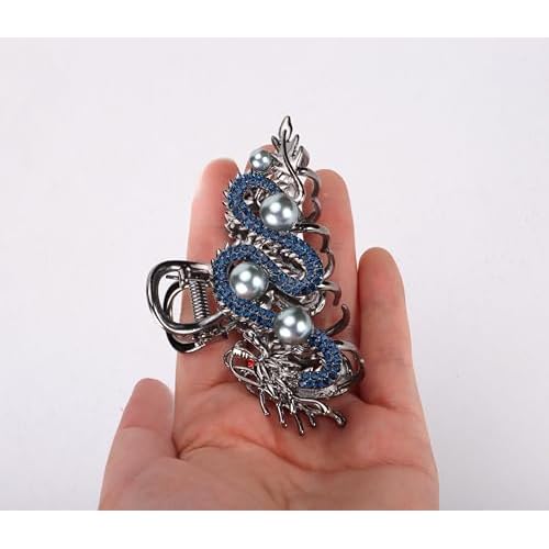 Fashionable Dragon Metal Claw Clips for Women Blue Rhinestone & Pearls Silver Alloy Halloween Decorative Clips Hair Accessories Birthday New Year Gifts
