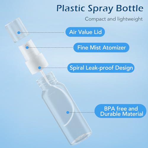 Spray Bottles, 2oz/50ml, 3.4oz/100ml Clear Empty Fine Mist Plastic Mini Travel Bottle Set, Small Refillable Liquid Containers with 2pcs Funnels and 24pcs Labels (4 Pack)