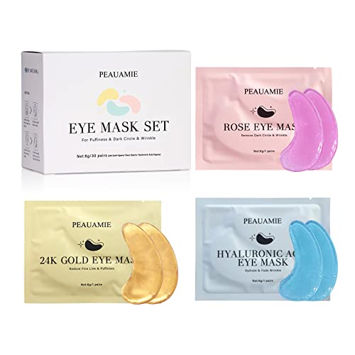 Under Eye Patches Gold and Hyaluronic Acid for puffy eyes,Rose Eye Masks for Dark Circles and Puffiness skin care Smooth Wrinkles products 30 Pairs