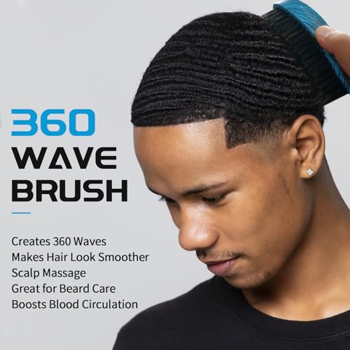 360 Curved Wave Brush For Men & Beard - Medium Hard Palm Wave Hair Brushes Wave Styler Great for Wolfing - Made with Beech Mix Boar & Nylon Bristle Brush for Barbers & Daily Use Black Hair (Blue)