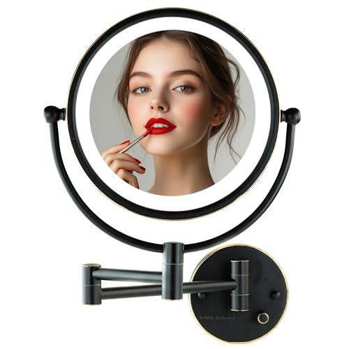OVENTE Wall Mounted Lighted Makeup Vanity Mirror, 9" Hard Wired Double Sided 1X/7X Magnifying Bathroom Mirror, Dimmable LED Lights, 360¡Æ Rotation and 14" Extendable Arm, Rubbed Bronze MPWD3185BZ1X7X