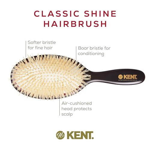 Kent CSGM 7.75" Classic Shine Medium Oval Cushion Straightening Brush and Hair Detangler - Soft White Boar Bristle Hair Brush - Shine Hair Brush and Scalp Scrubber for Mid-Length Fine or Thinning Hair