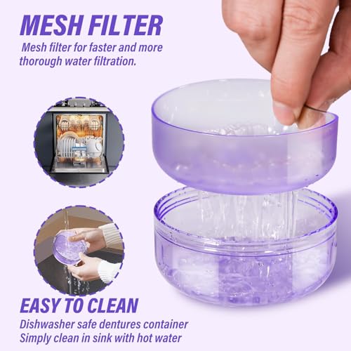 Denture Case, 2PCS Retainer Case with Strainer Basket, 2 in 1 Denture Bath Case No-Leak Retainer Cleaner Case, Retainer Holder for Travel, Mouth Guard Case for Dentures, Clear Braces, Night Guard