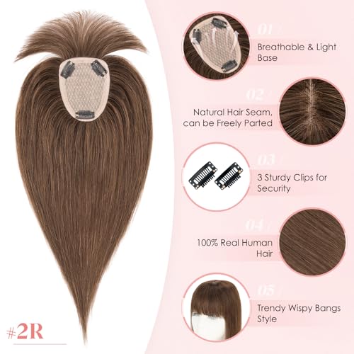 Hairro Human Hair Toppers with Wispy Bangs, 3.5x4.7" Hand-wovened Base for Women with Thinning Hair, Lightweight & Breathable Realistic Scalp, Clip-in Hairpieces for Easy Wear, 9 Inch Dark Brown