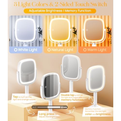 Gospire Rectangle Lighted Makeup Mirror with Lights and 1X/7X Magnifying Mirror, Height Adjustable and 4000mAh Rechargeable for Bedroom, 8.5¡±x7.4¡± Large Surface, Stepless Dimming - White