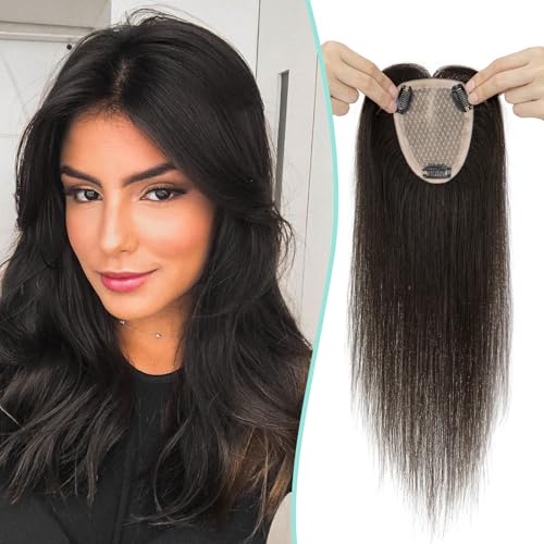 Benehair Hair Toppers for Women Real Human Hair 9 * 12CM Silk Base Hair Pieces No Bangs 150% Density for Thinning 100% Remy Hairpieces for Women Natural Black 12 Inch